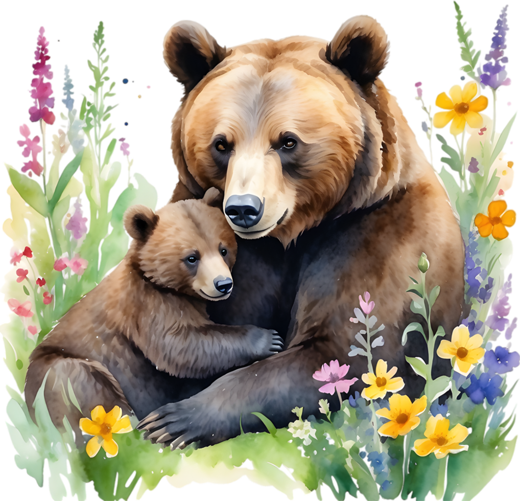 Watercolor painting of a momma bear cuddling her playful cub. Mothers Day clipart. AI-Generated. png