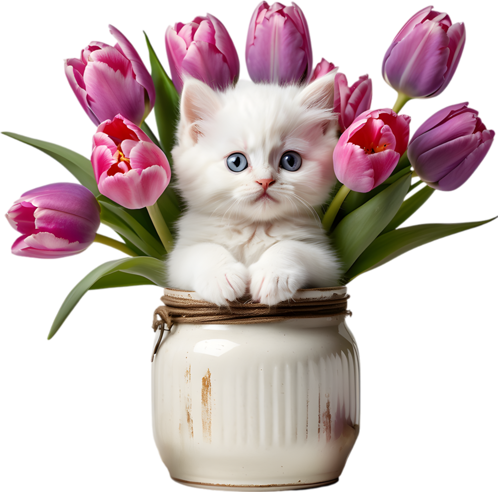 A fluffy white kitten peeking out from a vintage jar full of pink and purple tulips. Mothers Day clipart. AI-Generated. png