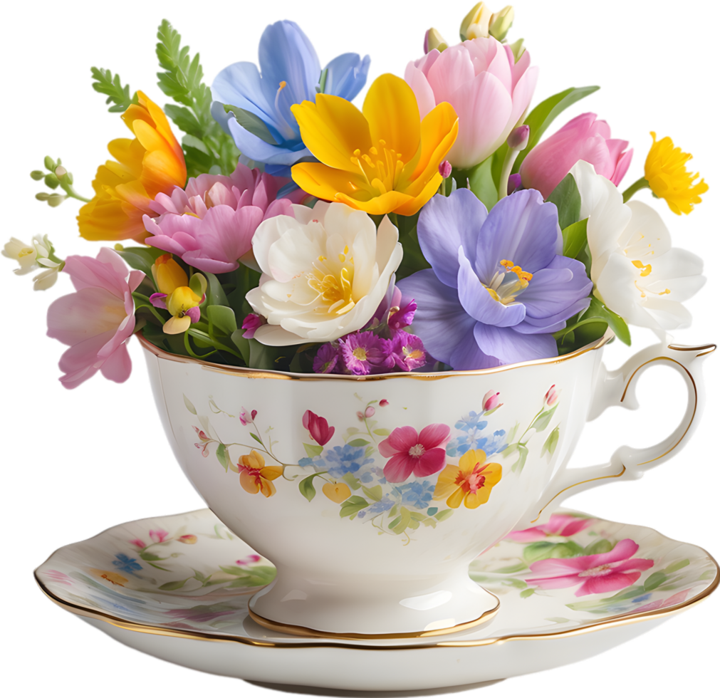 A vintage-style teacup overflowing with colorful spring flowers. Mothers Day clipart. AI-Generated. png