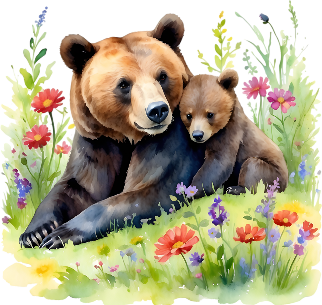 Watercolor painting of a momma bear cuddling her playful cub. Mothers Day clipart. AI-Generated. png