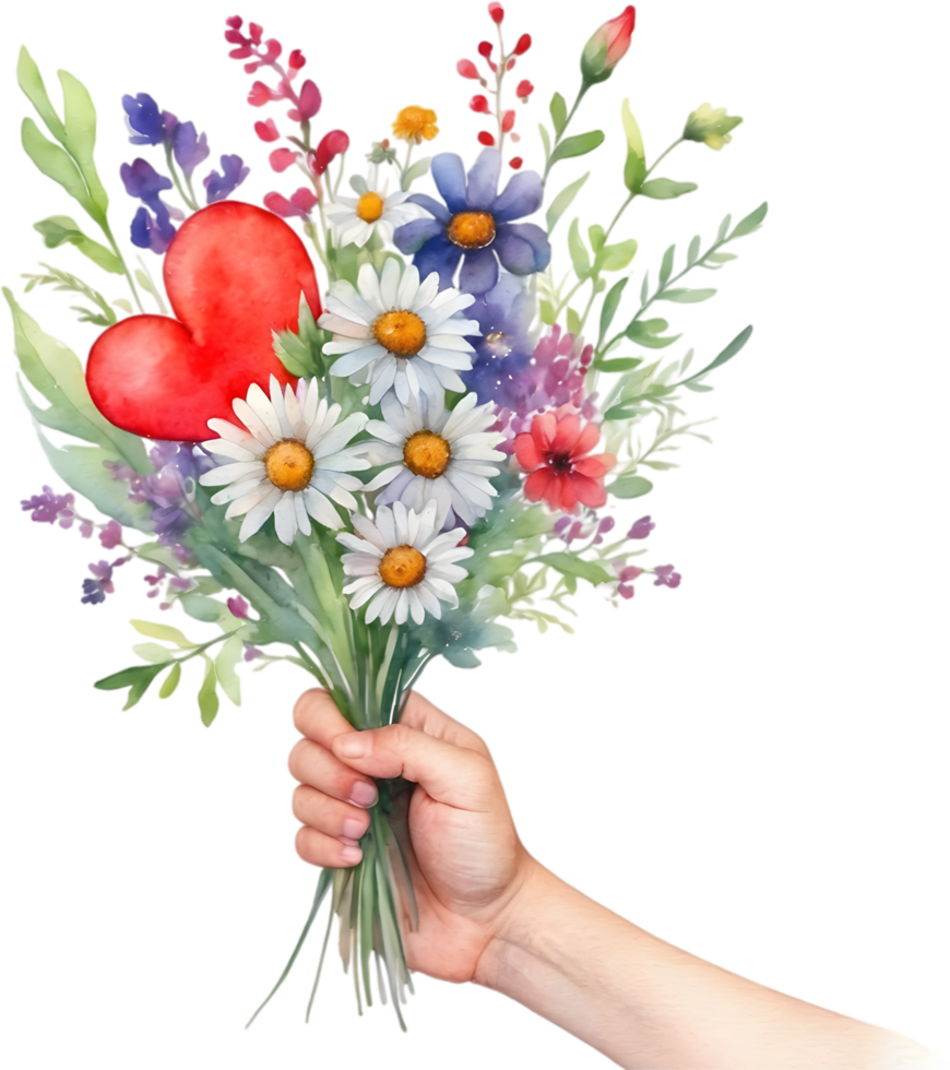 Watercolor painting of a hand holding a bouquet of mismatched wildflowers. Mothers Day clipart. AI-Generated. png