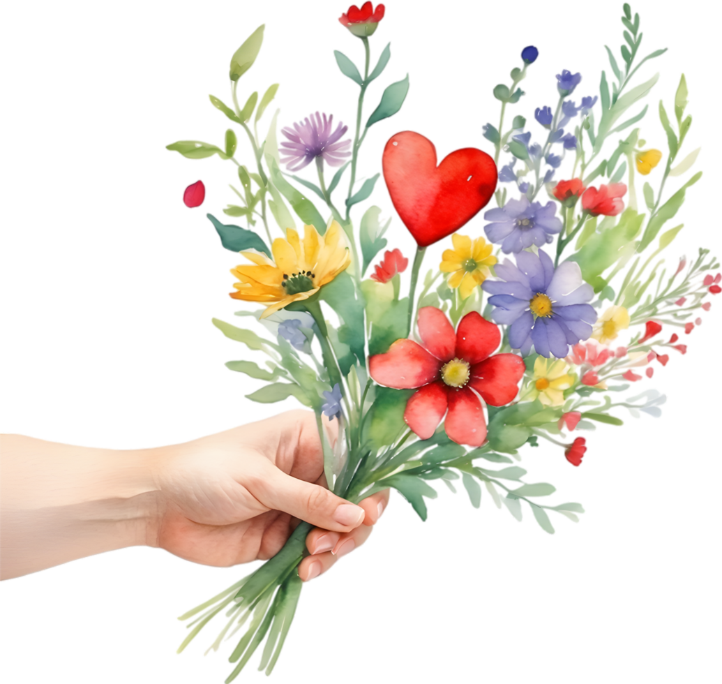 Aquarell Gemälde von ein Hand halten ein Strauß von nicht übereinstimmend Wildblumen. Mütter Tag Clip Art. KI-generiert. png
