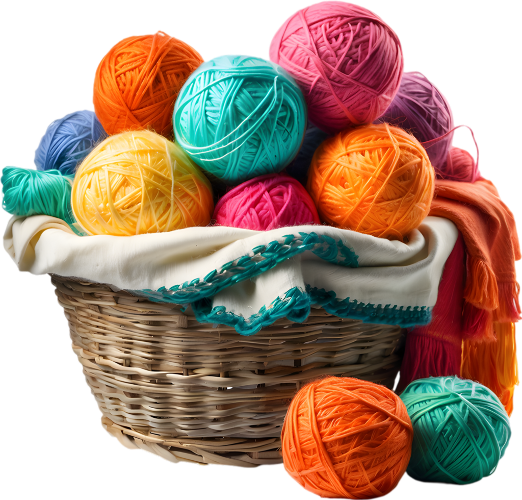 A basket overflowing with colorful yarn balls with a finished scarf peeking out. Mothers Day clipart. AI-Generated. png