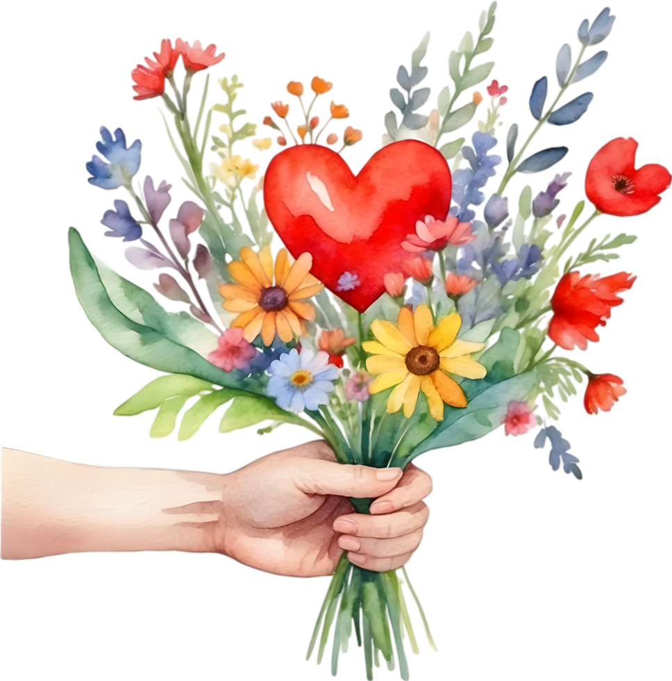 Watercolor painting of a hand holding a bouquet of mismatched wildflowers. Mothers Day clipart. AI-Generated. png