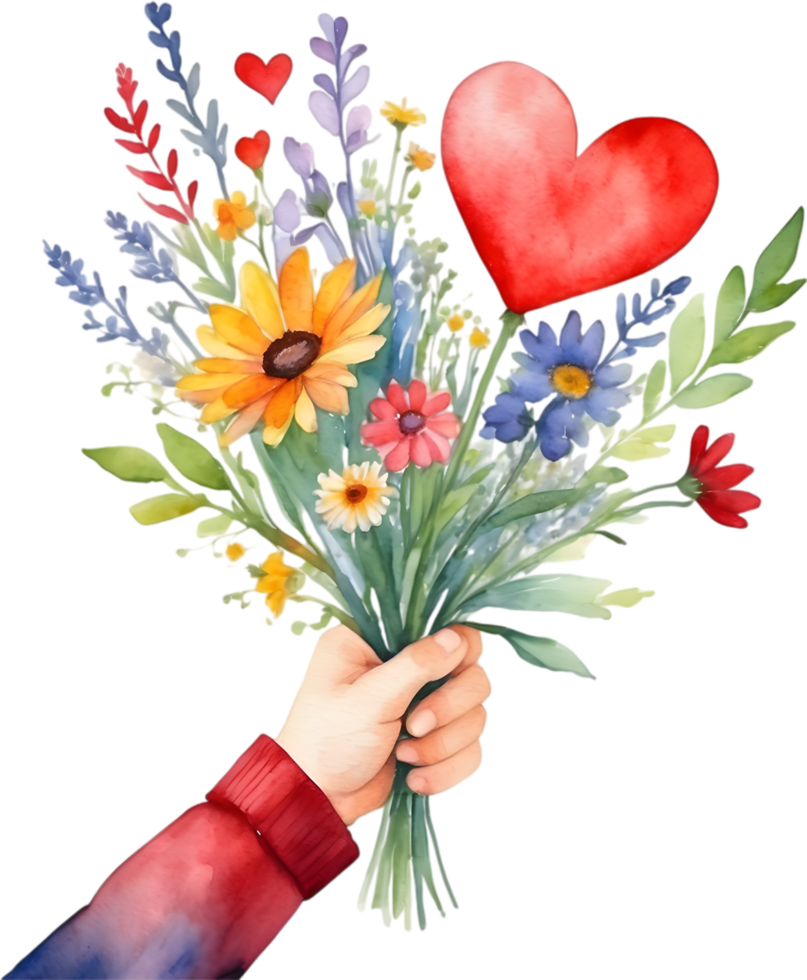 Watercolor painting of a hand holding a bouquet of mismatched wildflowers. Mothers Day clipart. AI-Generated. png