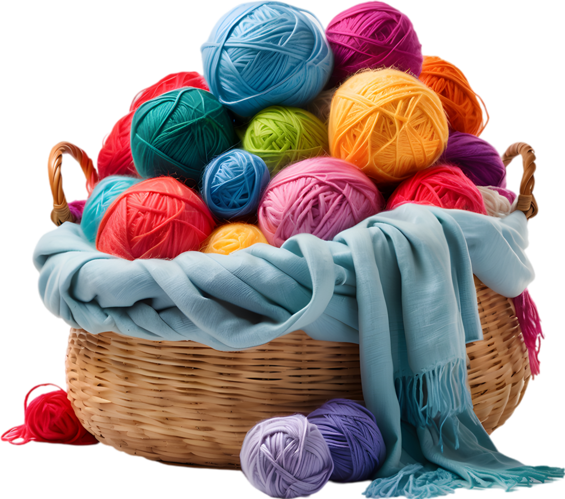 A basket overflowing with colorful yarn balls with a finished scarf peeking out. Mothers Day clipart. AI-Generated. png