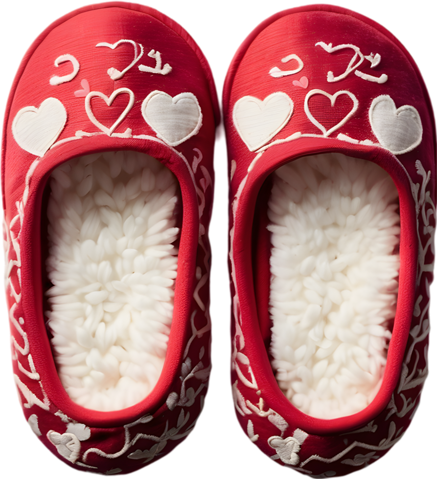 A pair of cozy slippers with little hearts embroidered on them. Mothers Day clipart. AI-Generated. png