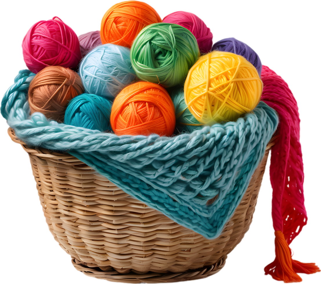 A basket overflowing with colorful yarn balls with a finished scarf peeking out. Mothers Day clipart. AI-Generated. png