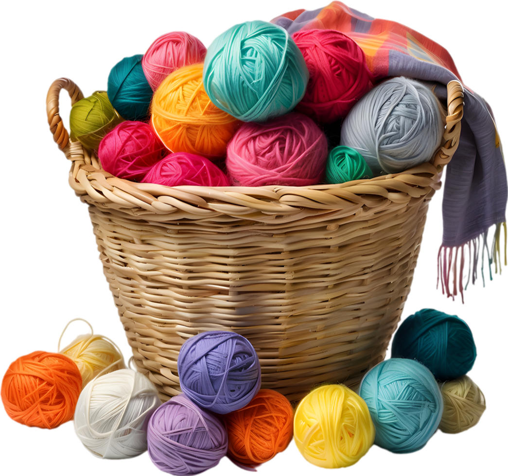 A basket overflowing with colorful yarn balls with a finished scarf peeking out. Mothers Day clipart. AI-Generated. png