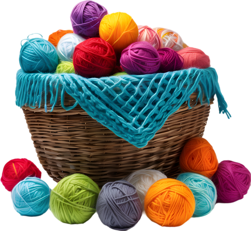 A basket overflowing with colorful yarn balls with a finished scarf peeking out. Mothers Day clipart. AI-Generated. png