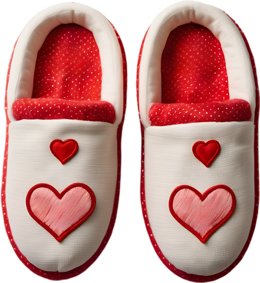 A pair of cozy slippers with little hearts embroidered on them. Mothers Day clipart. AI-Generated. png