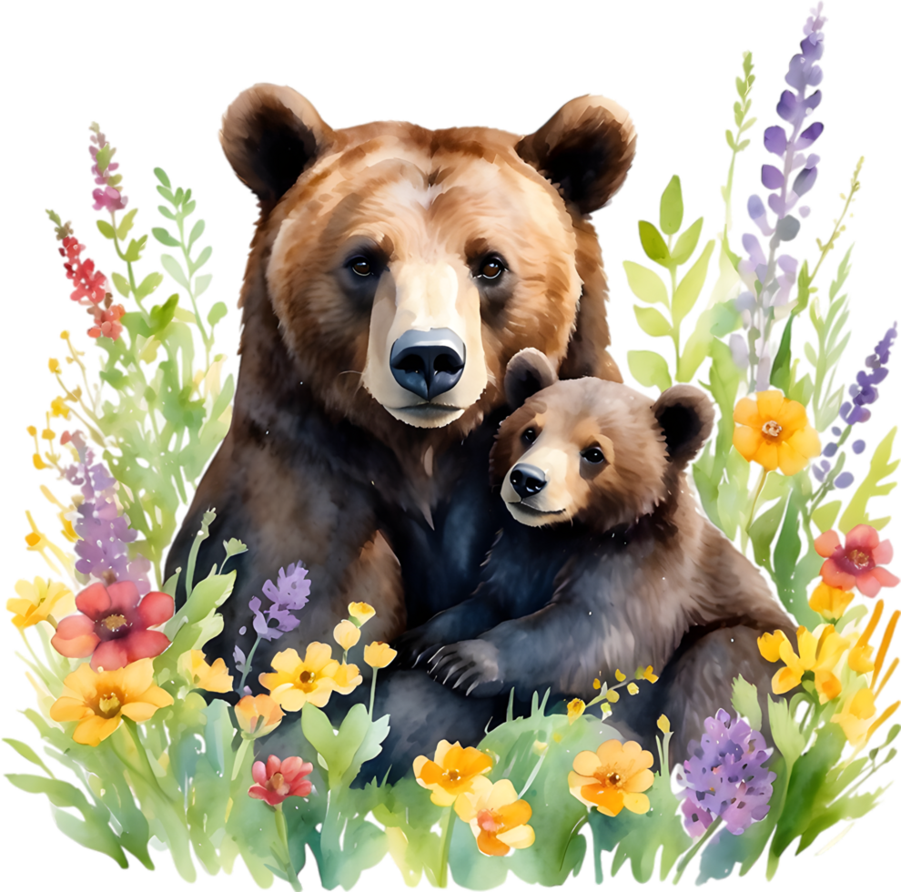 Watercolor painting of a momma bear cuddling her playful cub. Mothers Day clipart. AI-Generated. png