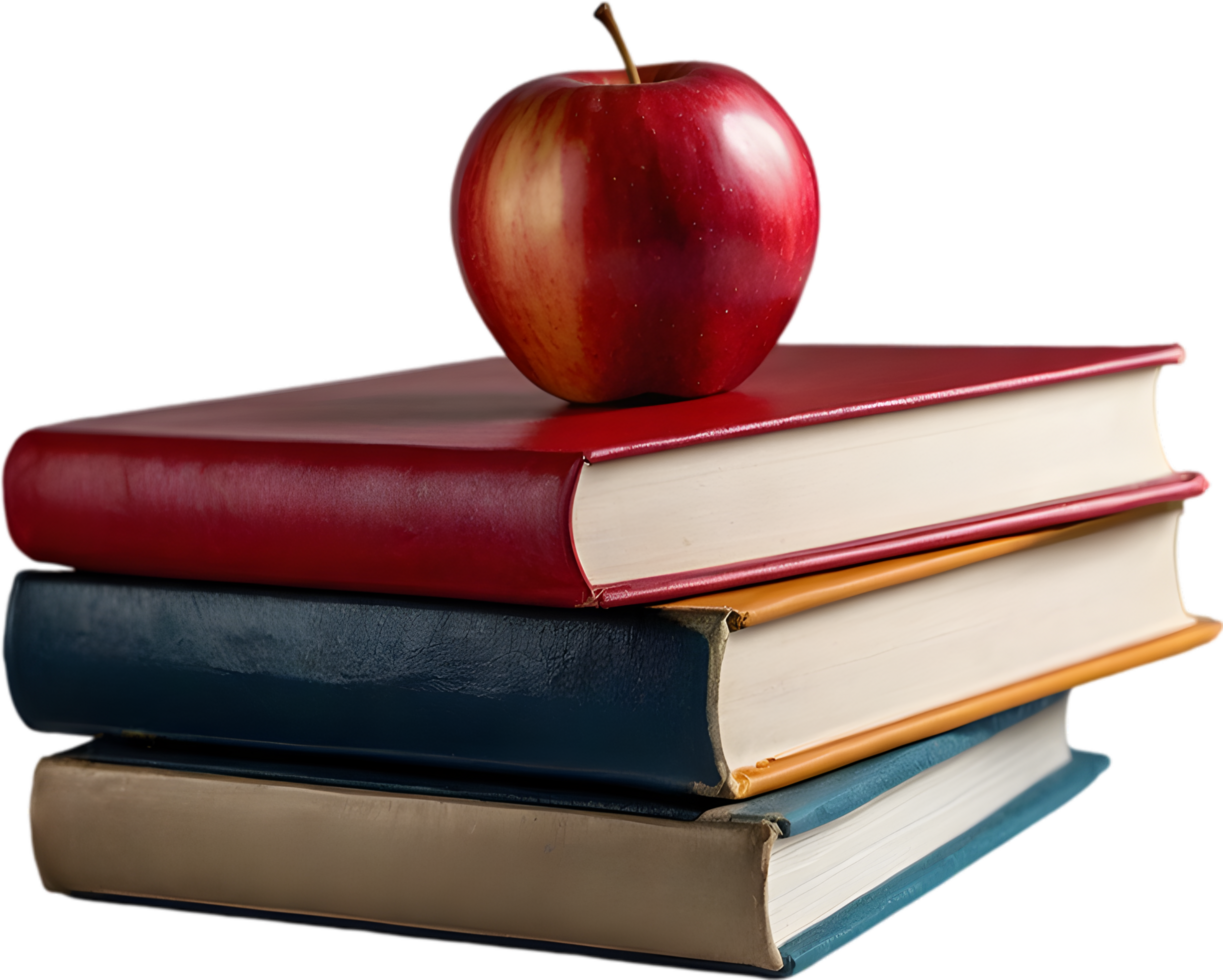 A stack of colorful books with a red apple on top. Mothers Day clipart. AI-Generated. png