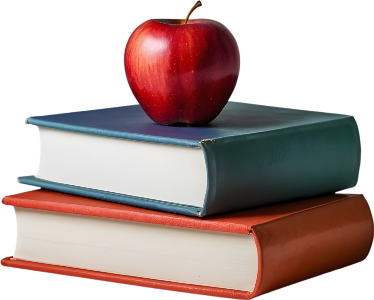 A stack of colorful books with a red apple on top. Mothers Day clipart. AI-Generated. png