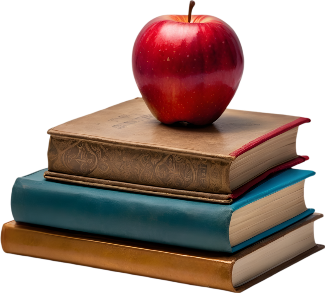 A stack of colorful books with a red apple on top. Mothers Day clipart. AI-Generated. png