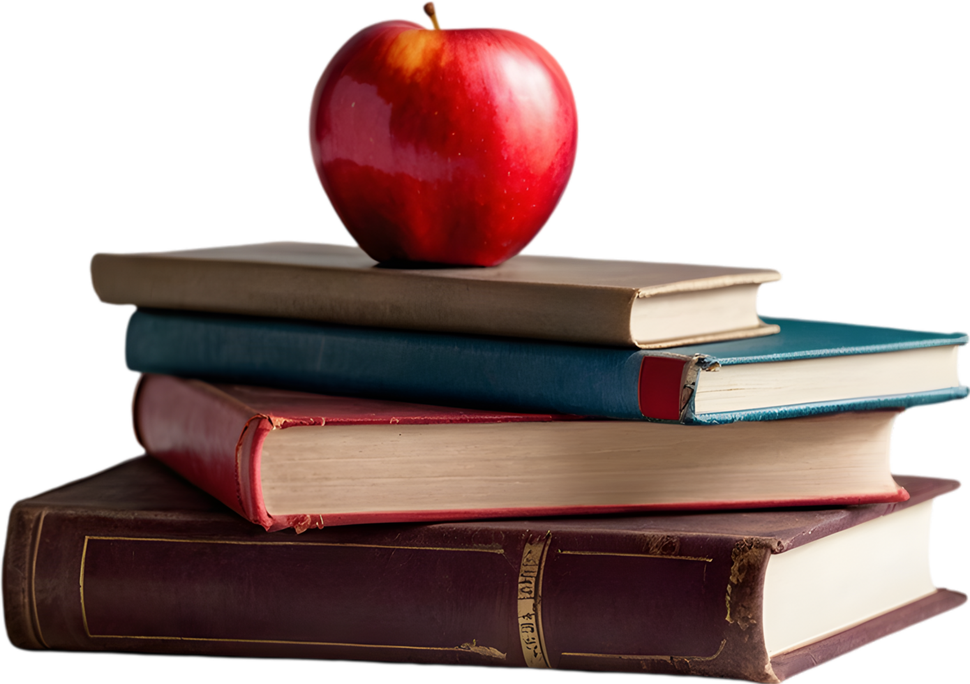 A stack of colorful books with a red apple on top. Mothers Day clipart. AI-Generated. png