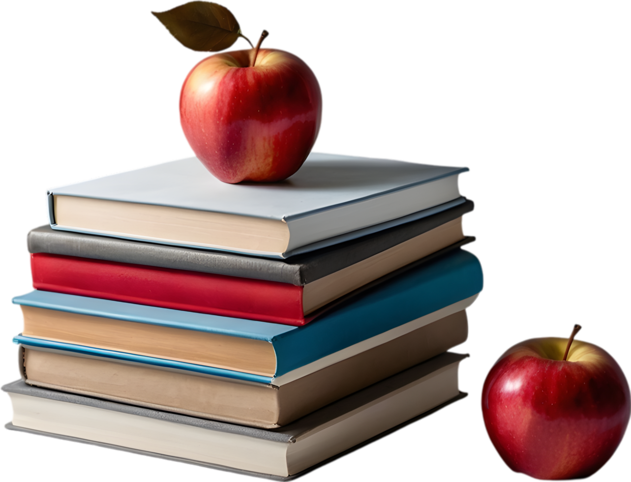 A stack of colorful books with a red apple on top. Mothers Day clipart. AI-Generated. png