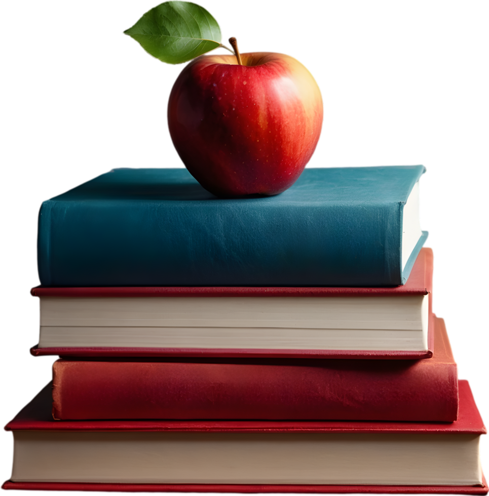 A stack of colorful books with a red apple on top. Mothers Day clipart. AI-Generated. png