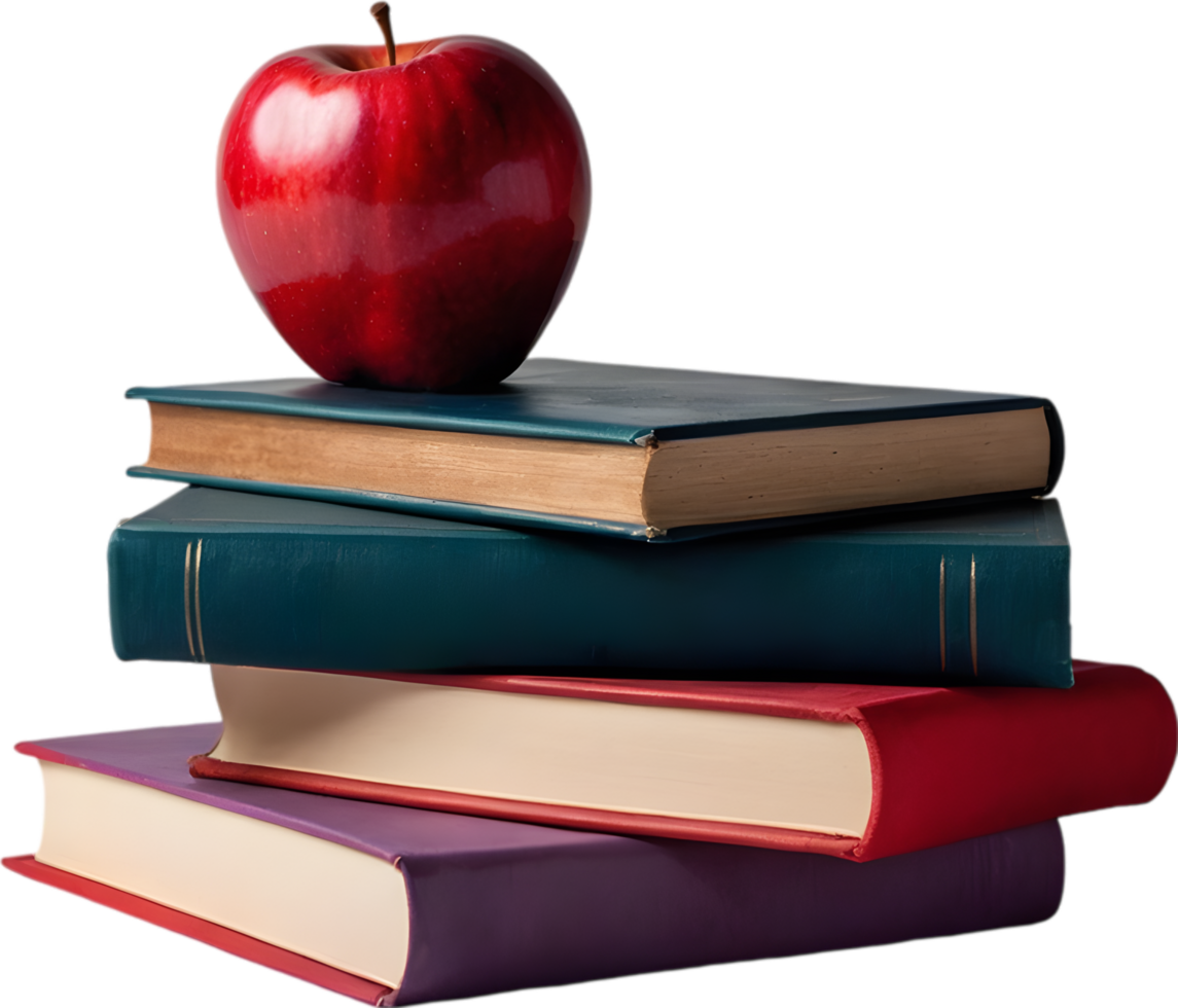 A stack of colorful books with a red apple on top. Mothers Day clipart. AI-Generated. png