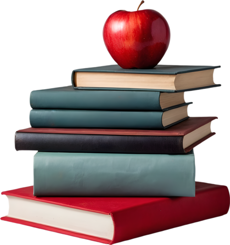 A stack of colorful books with a red apple on top. Mothers Day clipart. AI-Generated. png