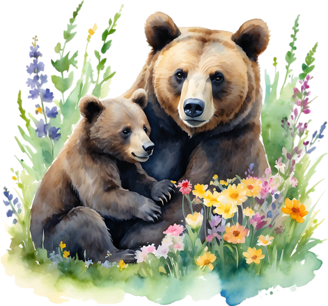 Watercolor painting of a momma bear cuddling her playful cub. Mothers Day clipart. AI-Generated. png