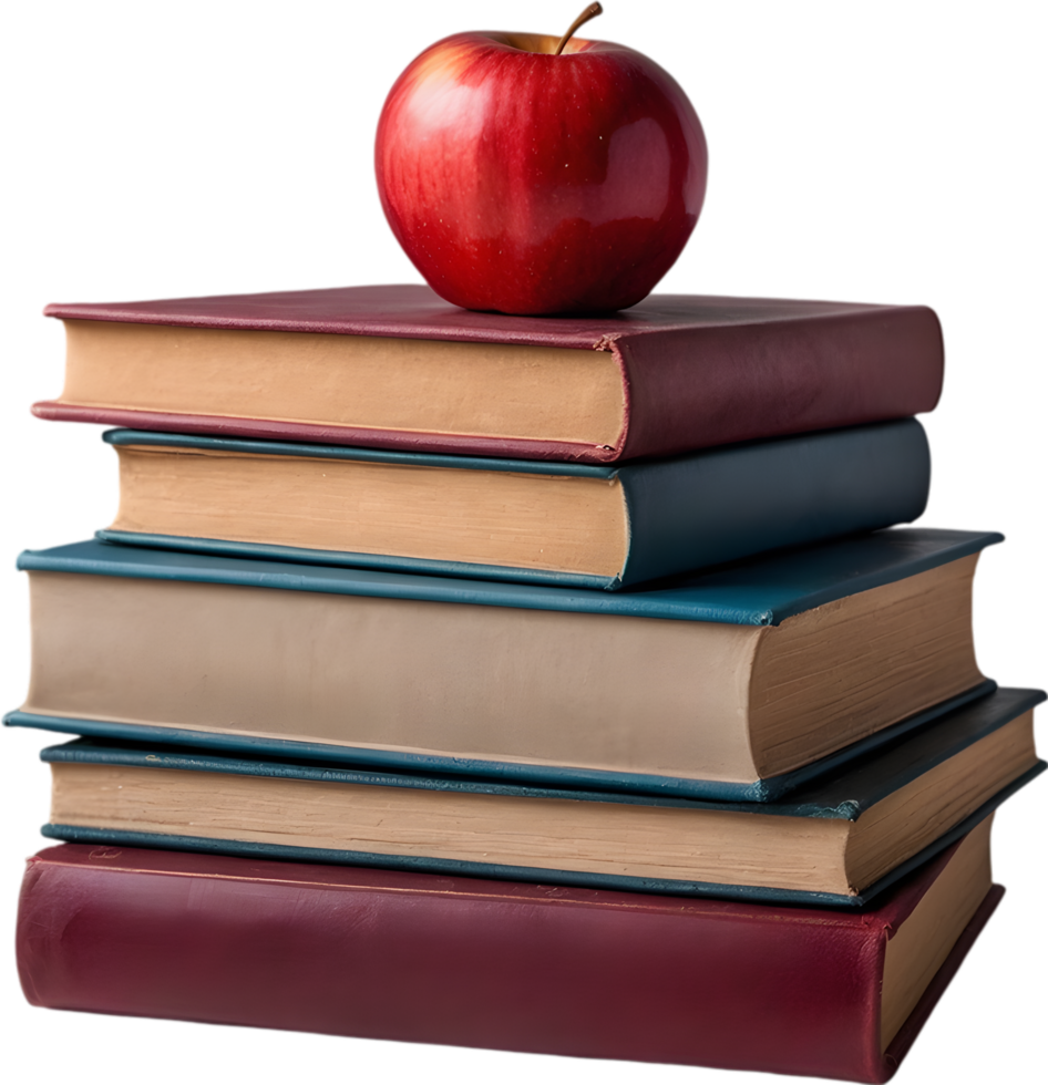 A stack of colorful books with a red apple on top. Mothers Day clipart. AI-Generated. png