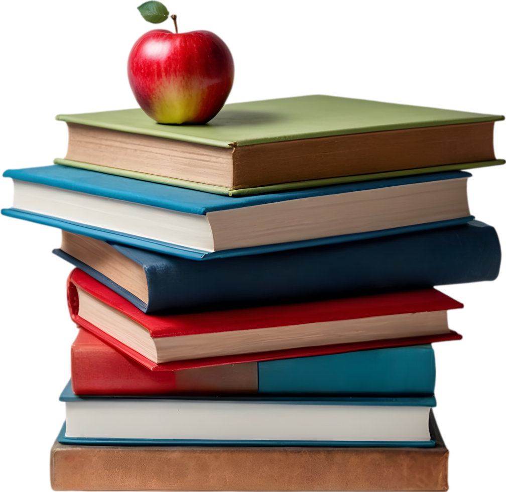 A stack of colorful books with a red apple on top. Mothers Day clipart. AI-Generated. png
