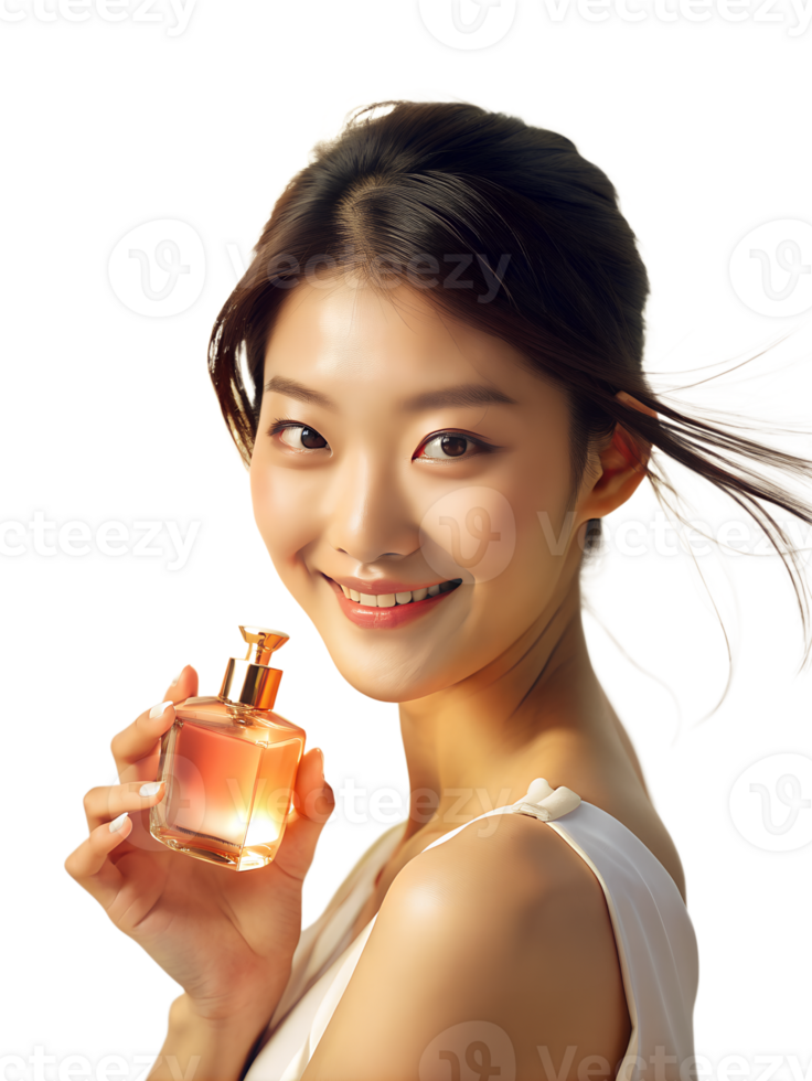 lindo coreano jovem mulher sorridente com Rosa ouro perfume garrafa. png