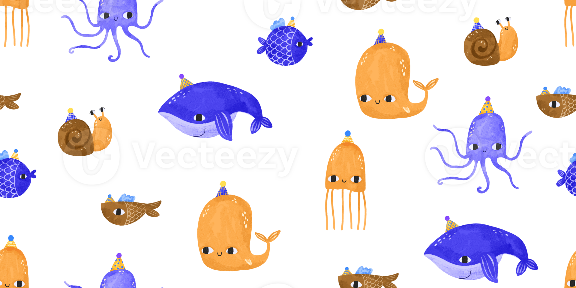 Seamless pattern with fish and jellyfish, whales. Deep underwater. Oceania. Children's hand drawn cartoon illustration on isolated background png