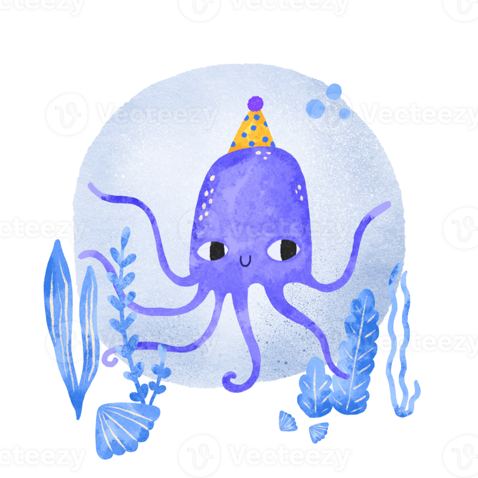 Composition with an octopus on the seabed with algae and corals. Happy birthday. Cute hand drawn illustration on isolated background png