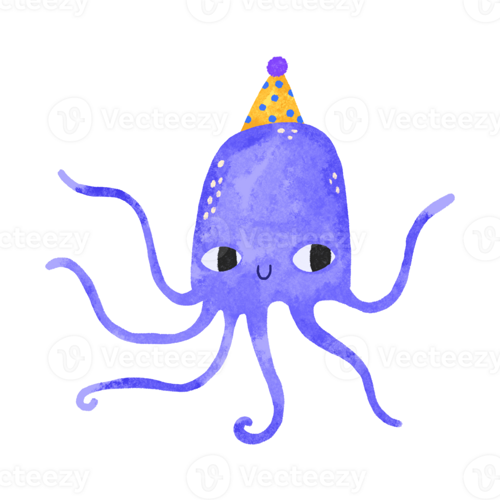 sous-marin monde. enfant dessin de une bleu huit dans une fête chapeau célébrer une anniversaire. Profond sous-marin. Océanie. enfants main tiré dessin animé illustration sur isolé Contexte png
