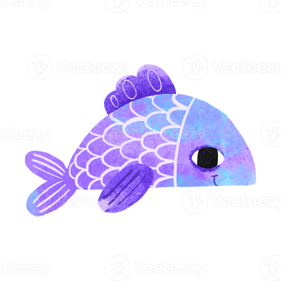 Blue fish in cartoon style with big eyes. Ideal for stickers and decoration. Children's hand drawn illustration on isolated background png