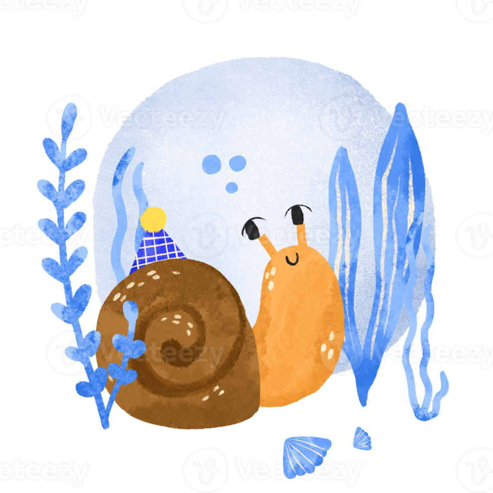 Composition with a snail on the seabed with algae and corals. Cute hand drawn illustration on isolated background png