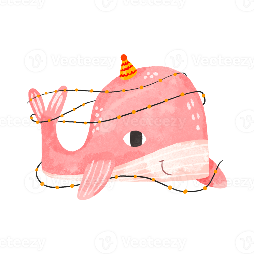 Pink whale in a festive cap with a garland. Fish celebrates his birthday. Deep underwater. Oceania. Children's hand drawn cartoon illustration on isolated background png
