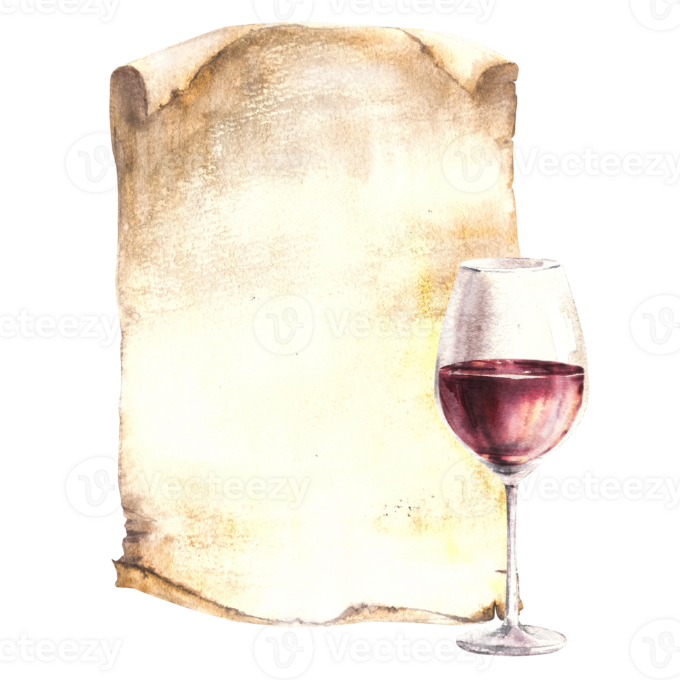 verre de rouge vin, boisson contre vieux papyrus feuille, ancien papier arrière-plan, menu, du vin liste. du vin fabrication modèle pour dépliants, carte. aquarelle main dessiner nourriture illustration png