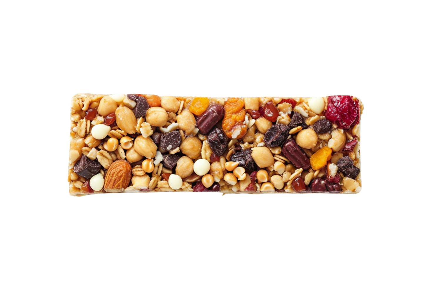 A granola bar with a mix of oats, nuts, and dried fruits isolated on transparent background, png