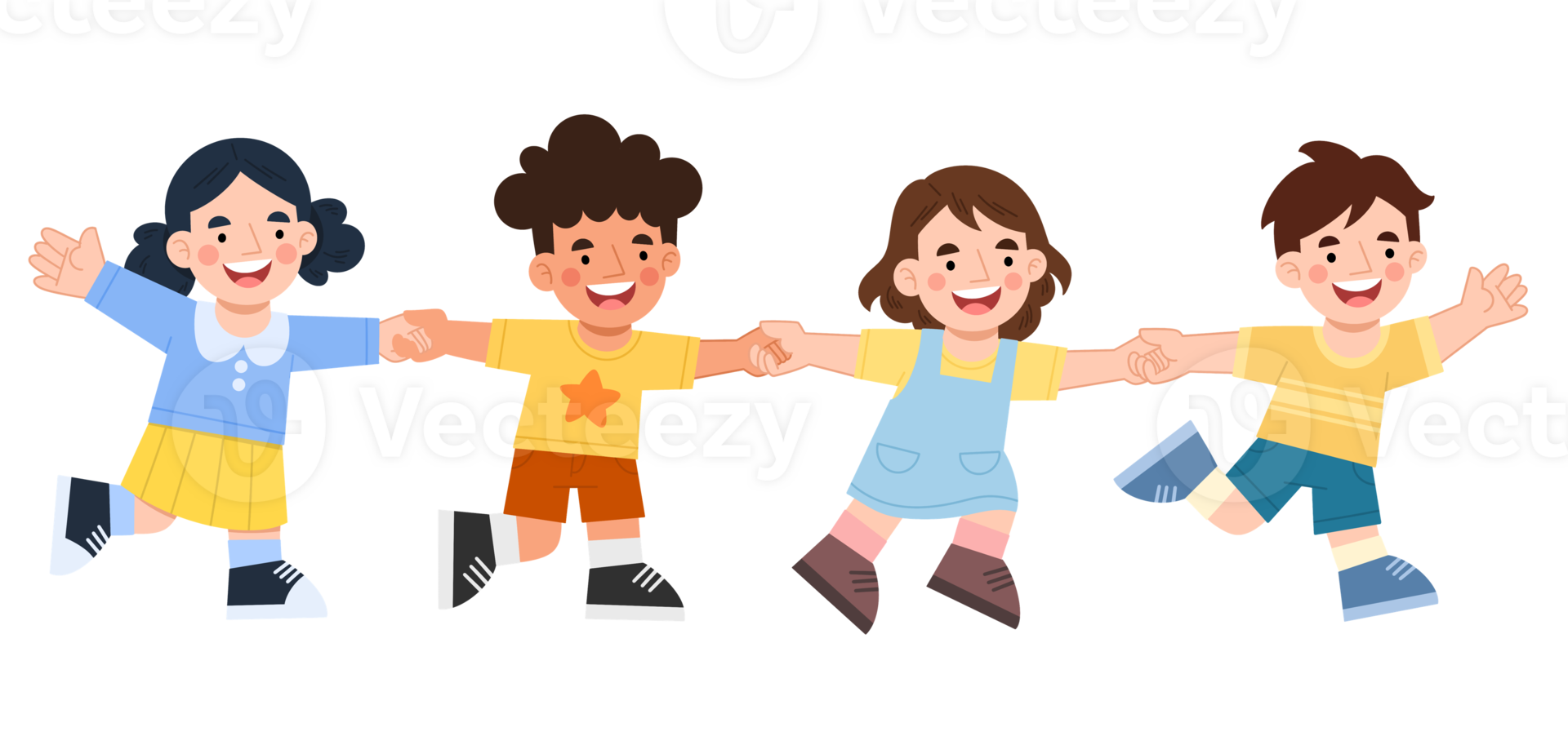 Happy children holding hands cartoon illustration png