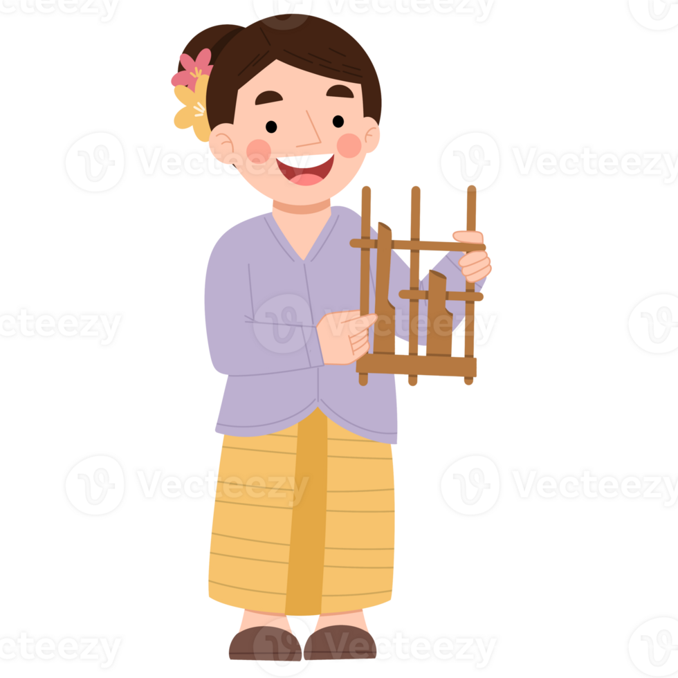 Girl playing musical instrument angklung cartoon illustration png