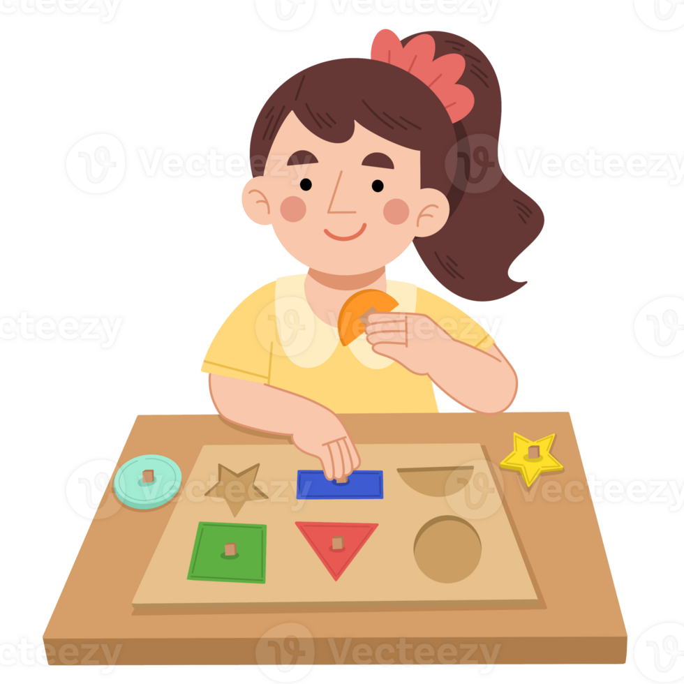 Little girl playing puzzle cartoon illustration png