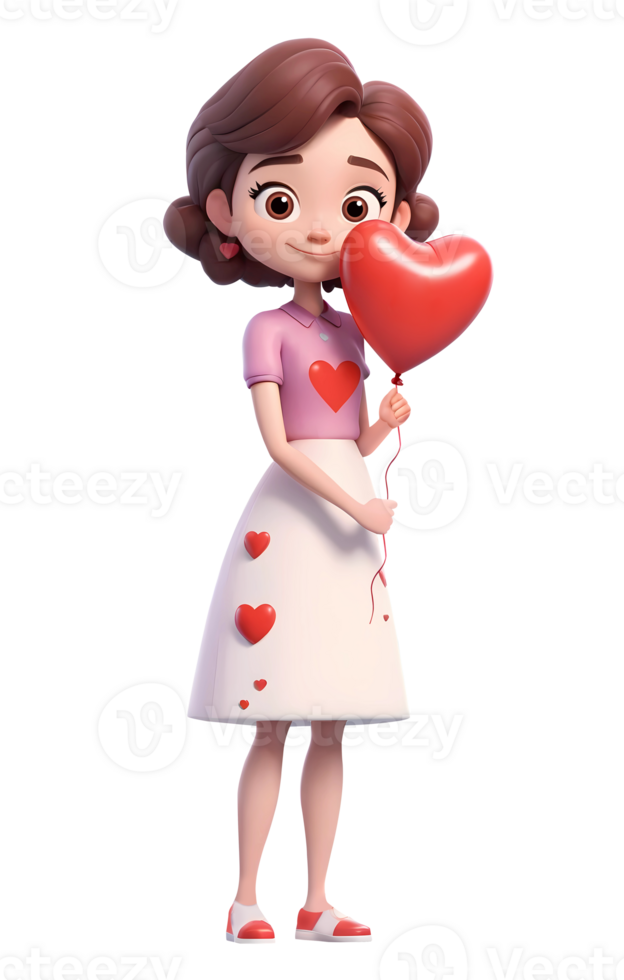 3d rendering cartoon woman character holding heart shaped balloon for mother's day png