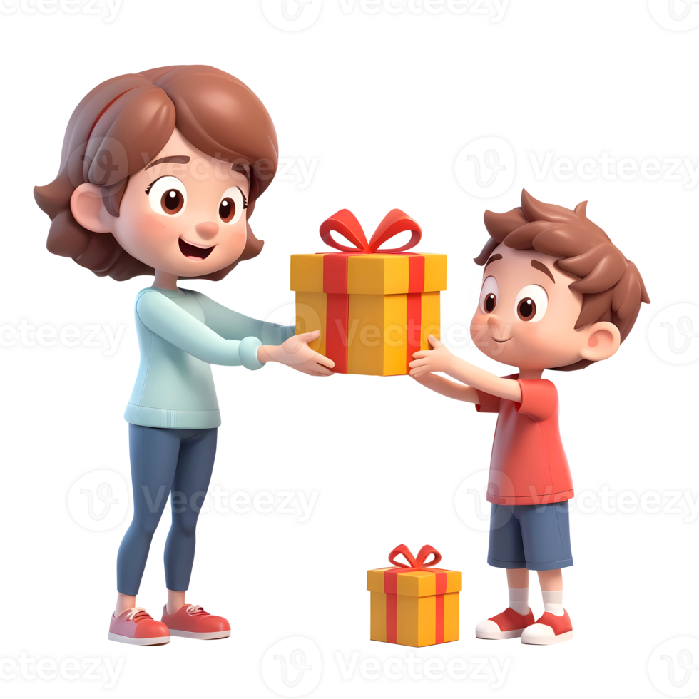 3d rendering cartoon little boy giving a gift to his mom png