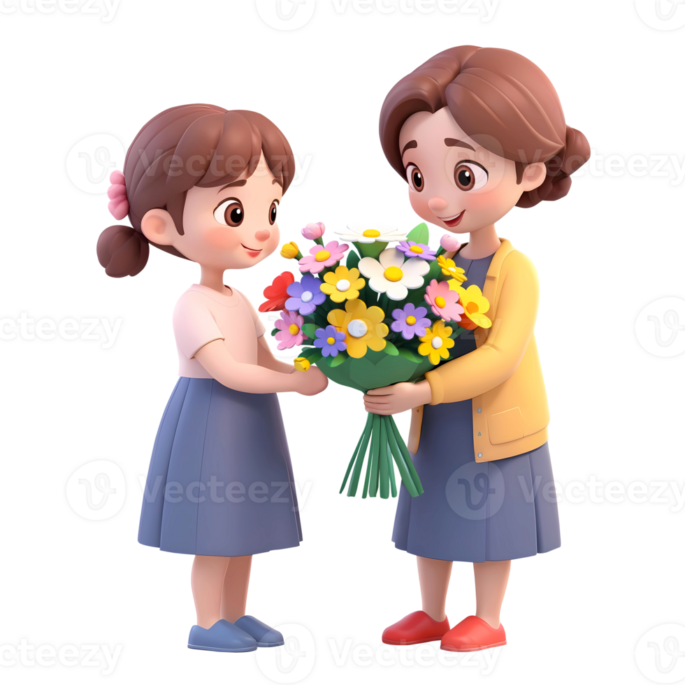 3d rendering cartoon little girl giving bouquet of flowers to her mom png
