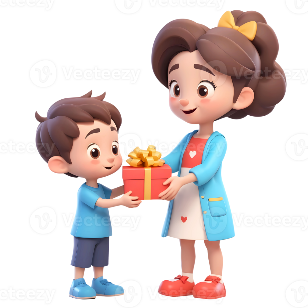 3d rendering cartoon little boy giving a gift to his mom png