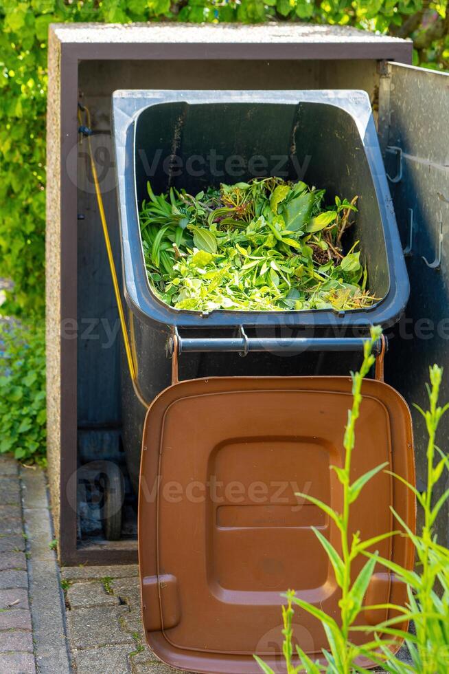 filled organic waste garbage can in the garden photo