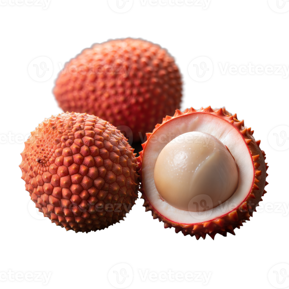 Close-Up of Fresh Lychee Fruits, One Peeled, on Transparent Background png