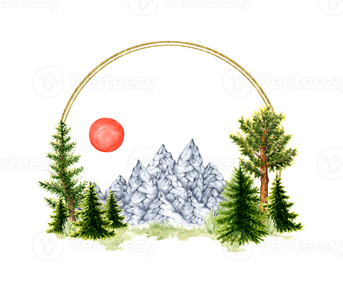 Natural landscape round frame watercolor illustration. Forest wildlife scene with green grass, coniferous trees, mountains and red sun. Composition on the theme of forest, tourism png
