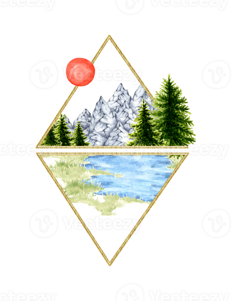 natuurlijk landschap diamant kader waterverf illustratie. Woud dieren in het wild tafereel met groen gras, naald- bomen, bergen, vijver en rood zon. voor componeren composities Aan de thema van bossen png