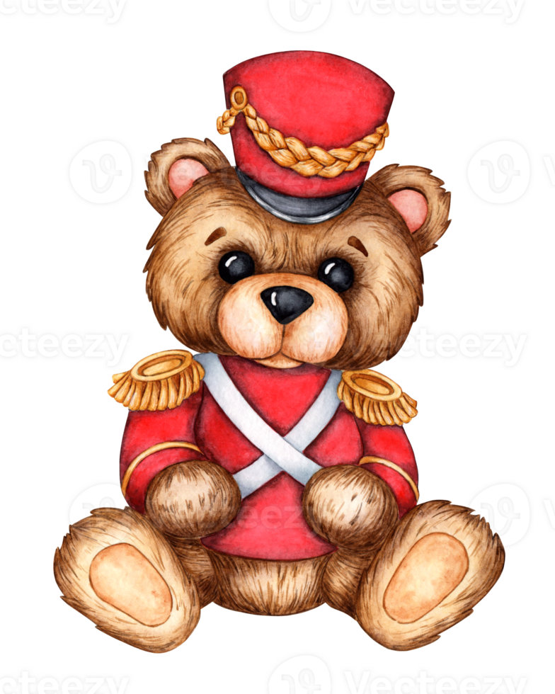 Teddy bear is a military hussar in a red dress uniform. Toy soldier, fairy tale nutcracker isolated from background. For holiday design, military parade, cards, posters, banners, toys, souvenirs png