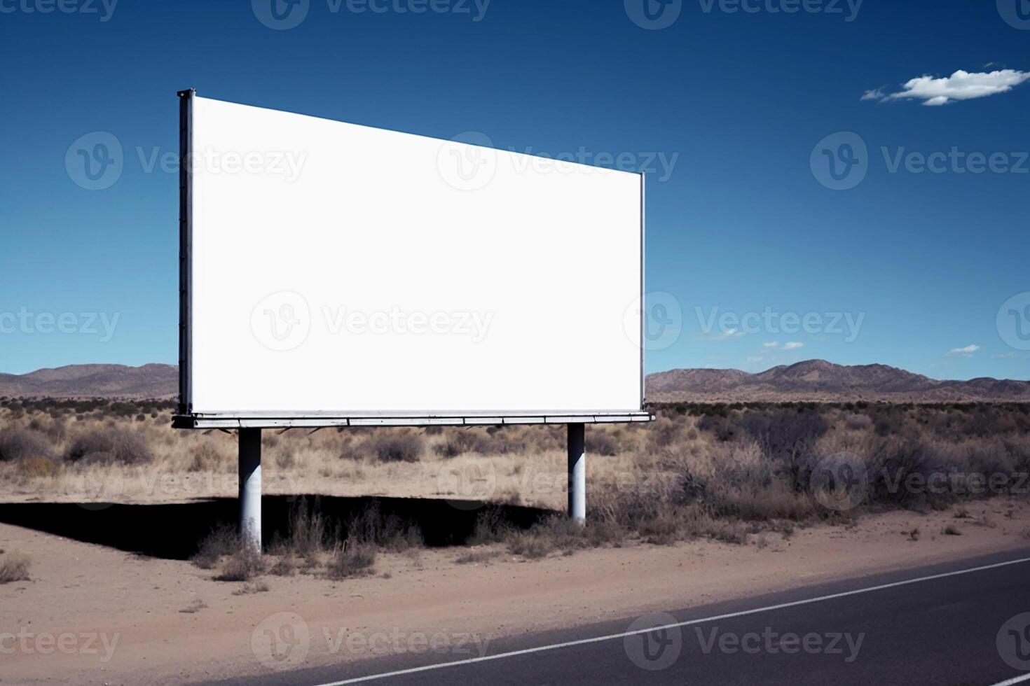 Horizontal white billboard mockup. Poster on street next to roadway, blue sky photo