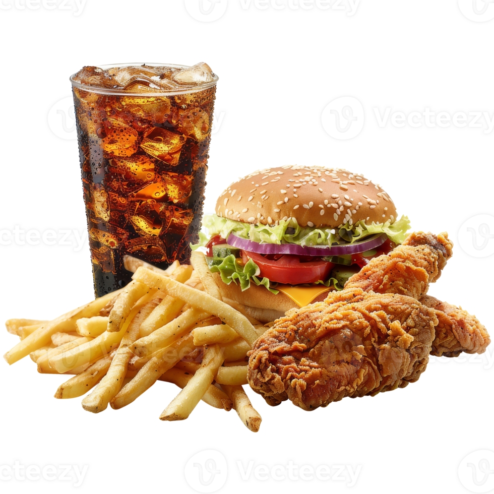 Junk food, burgers, fried chicken, fries, and a glass of soda. Transparent background, suitable for design elements png